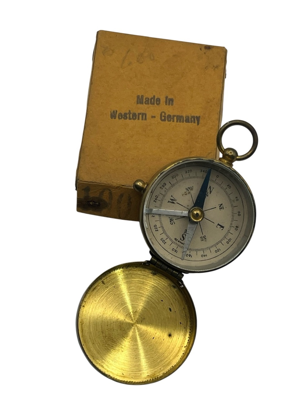 West Germany Brass Pocket Compass vintage gold tone locking w box
